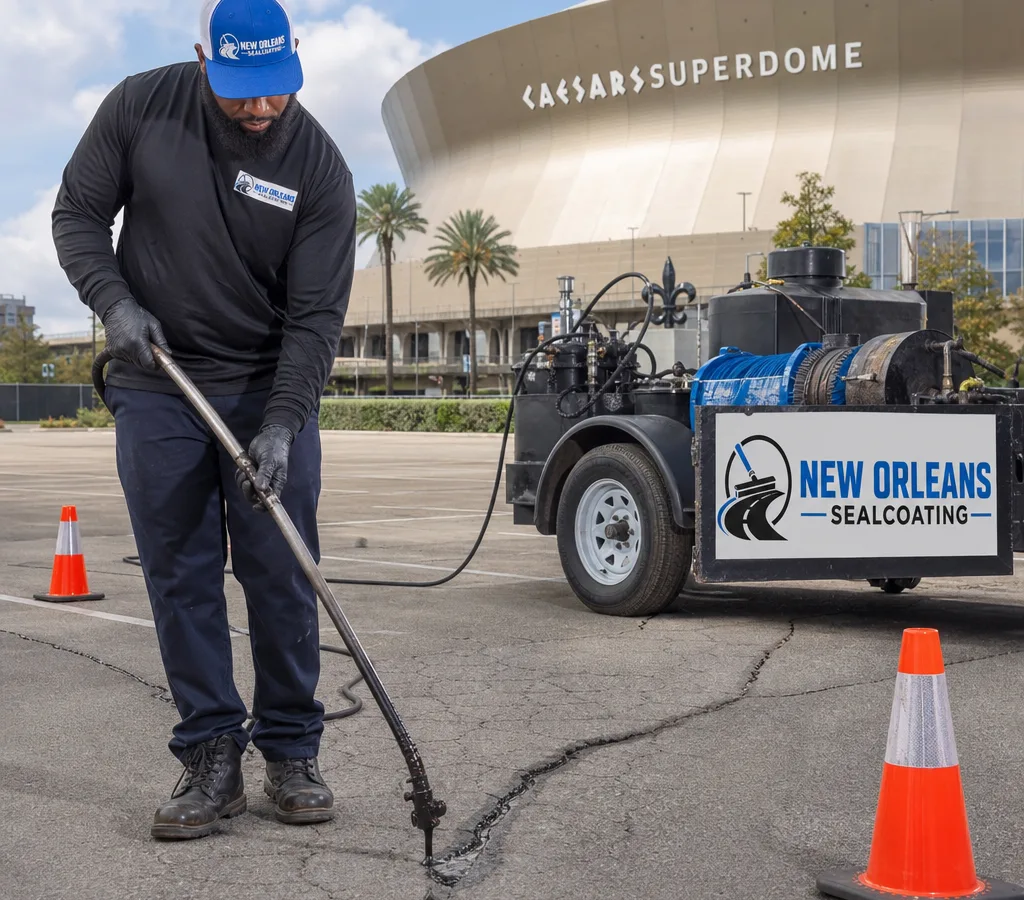 Technician applying hot-pour crack sealant into cleaned asphalt cracks on a commercial parking lot