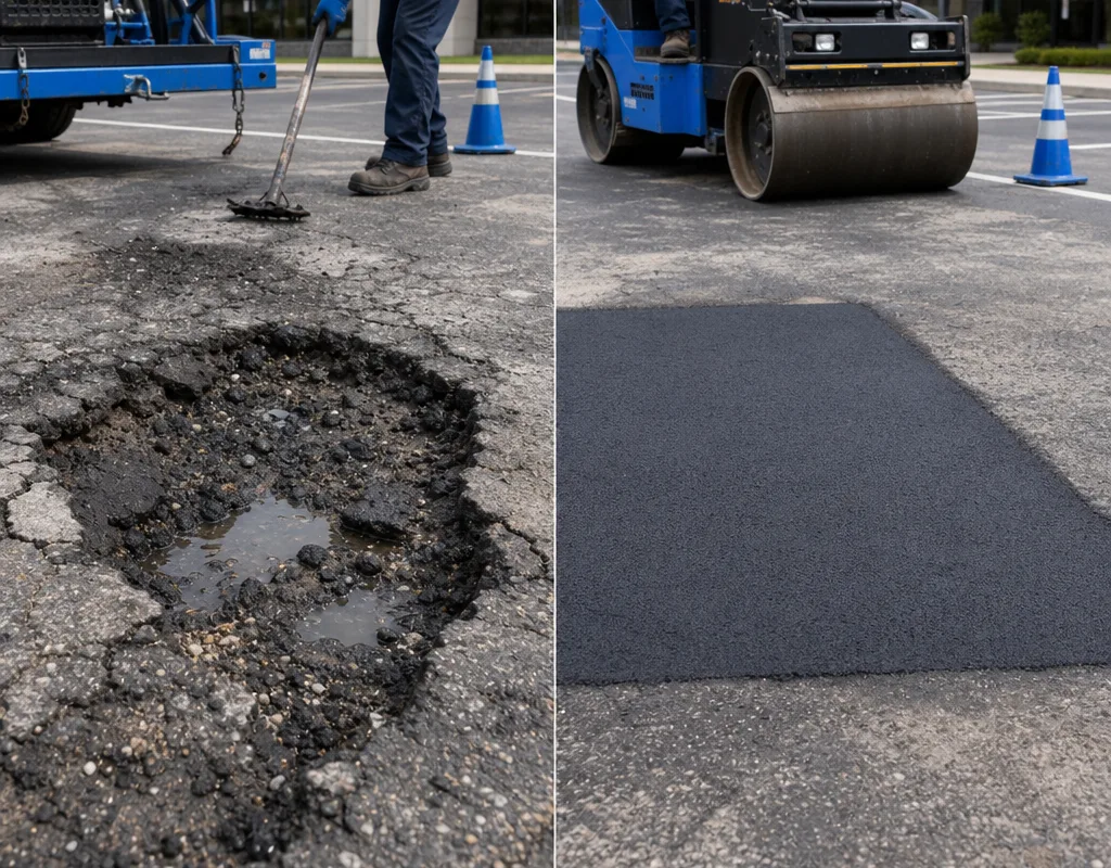 Before-and-after Minneapolis parking lot pothole repair with a clean full-depth patch compacted flush to the surrounding grade