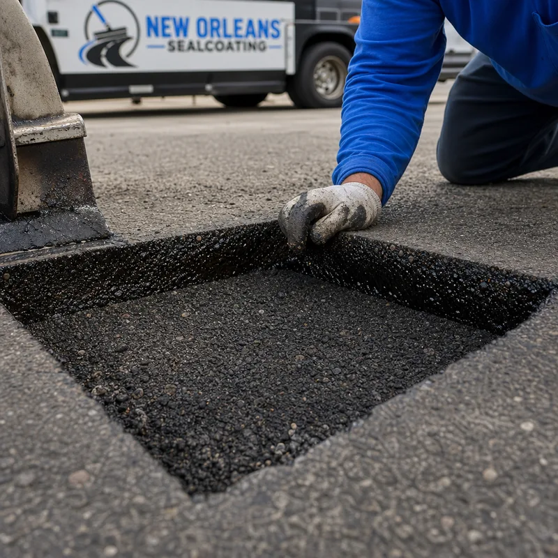 Squared asphalt cut-out with clean saw-cut edges, tack-coated faces, and compacted base ready for a full-depth patch