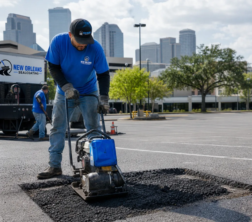 Contractor crew repairing a Minneapolis commercial parking lot with a cut-out pothole area and compacting equipment