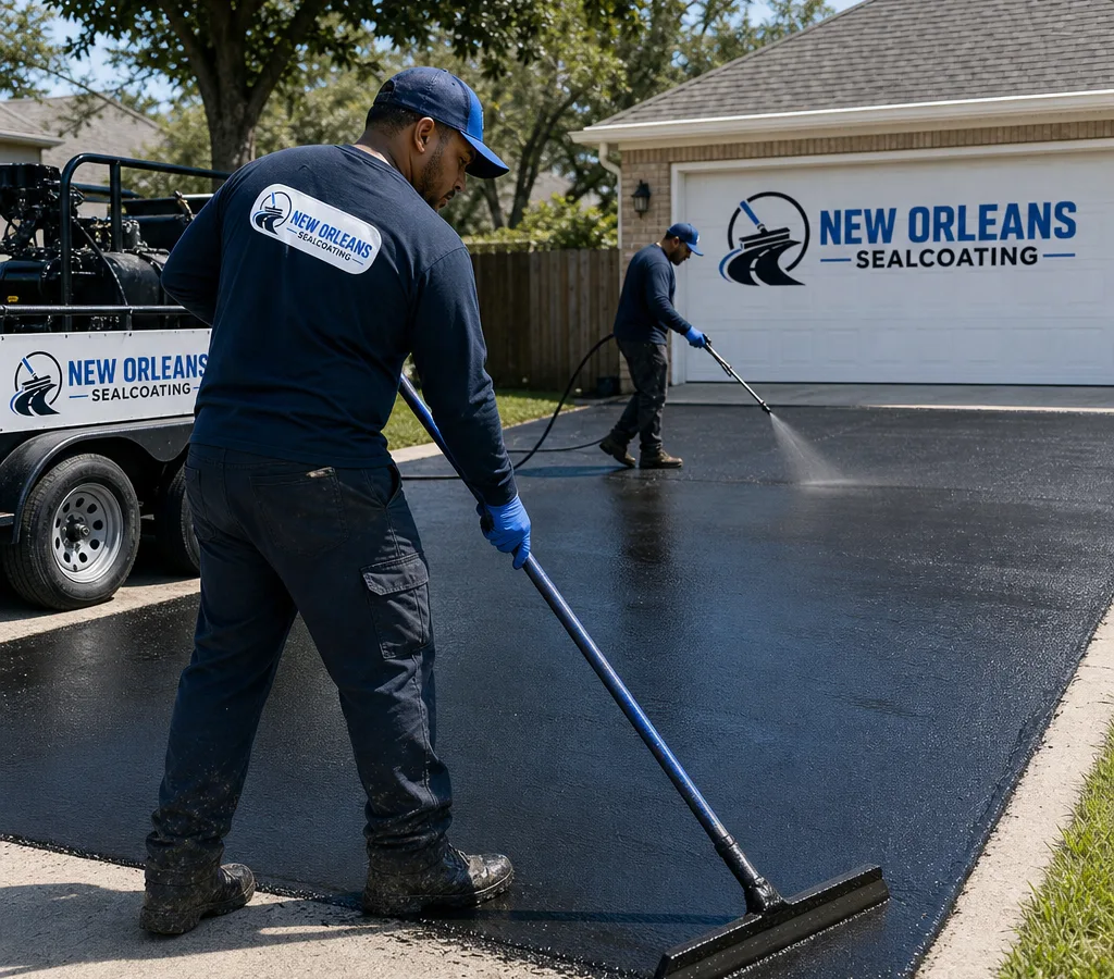 Residential asphalt driveway being sealcoated with a smooth wet-black finish and clean edges at the garage apron