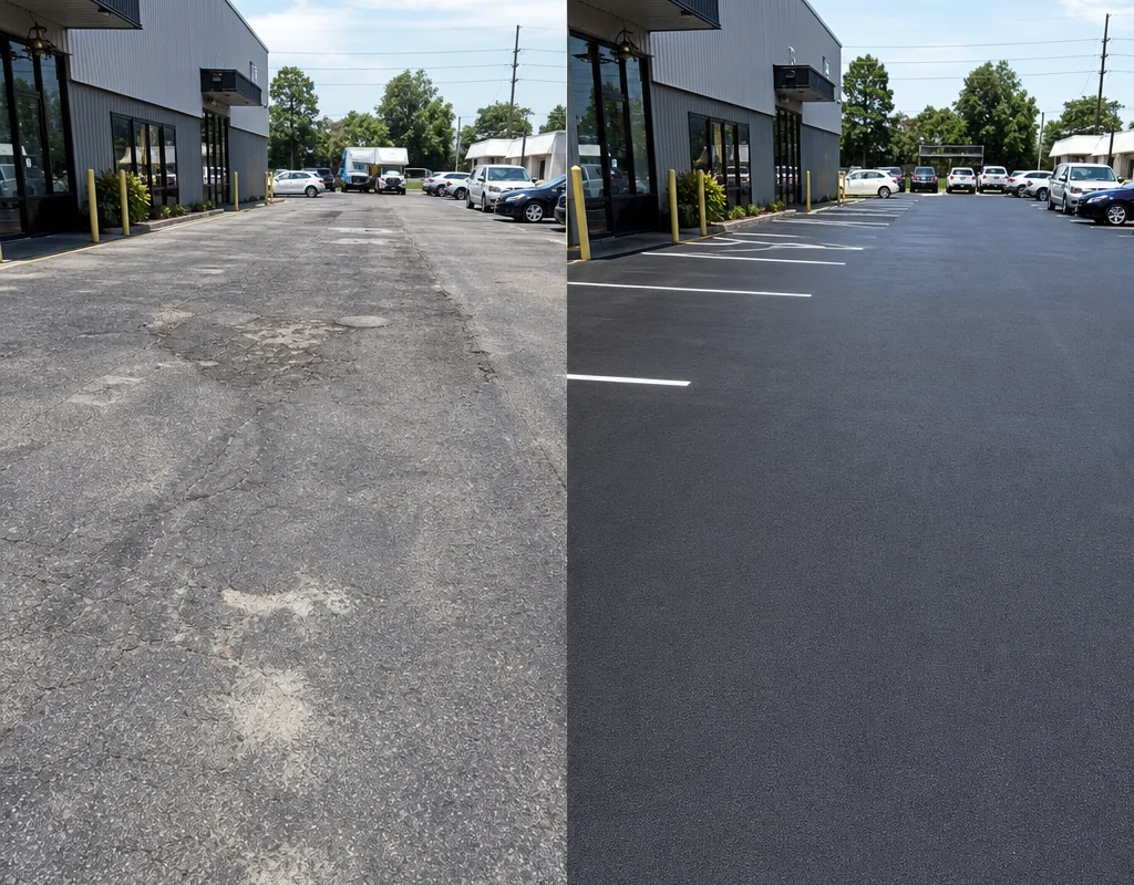 Worn gray commercial asphalt lot beside the same lot after sealcoating with a restored dark finish and uniform entrance coverage