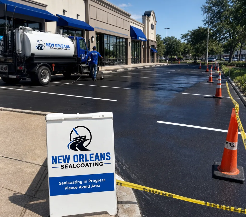 Freshly sealcoated commercial parking lot in Minneapolis with crisp striping, staged cones, and a wet asphalt sheen near storefronts