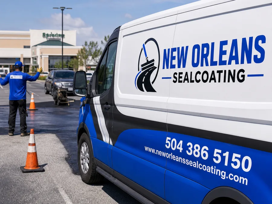 Crew staging cones and directing vehicles around an active crack sealing zone