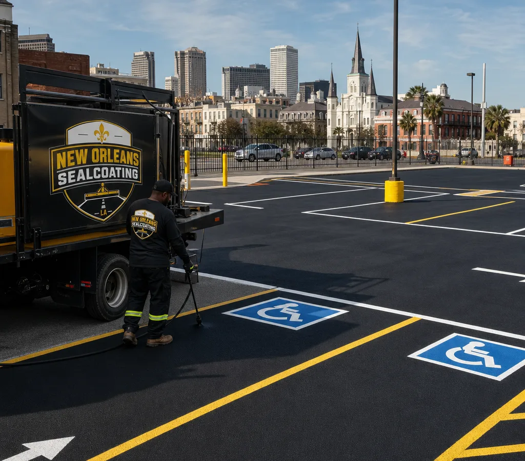Freshly striped commercial parking lot in New Orleans with bright stall lines, directional arrows, and clearly marked ADA spaces