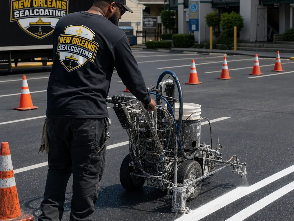 Striping crew applying white parking stall lines with a professional line striping machine and cones for traffic control