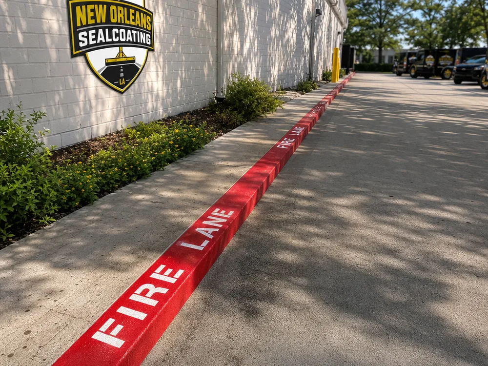 Red fire lane curb marking with legible stenciling along a building frontage