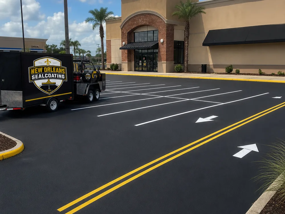 Newly restriped retail parking lot with white stalls, yellow traffic lanes, and directional arrows