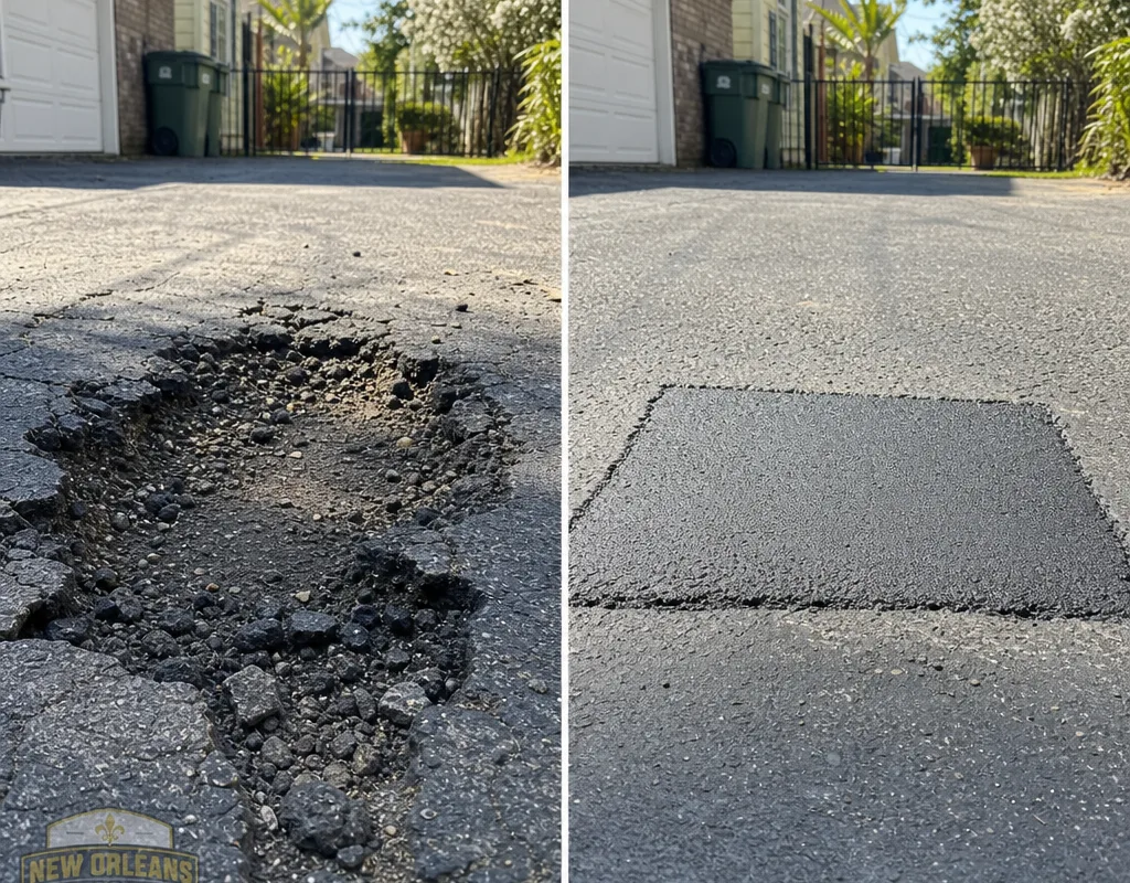 Before-and-after residential driveway pothole repair showing broken loose material and a squared patch compacted flush with surrounding pavement