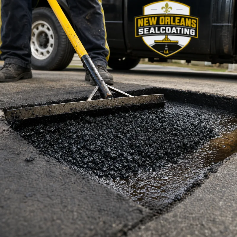 Squared saw-cut asphalt repair with clean vertical edges, tack coat, and fresh hot mix being raked level before compaction