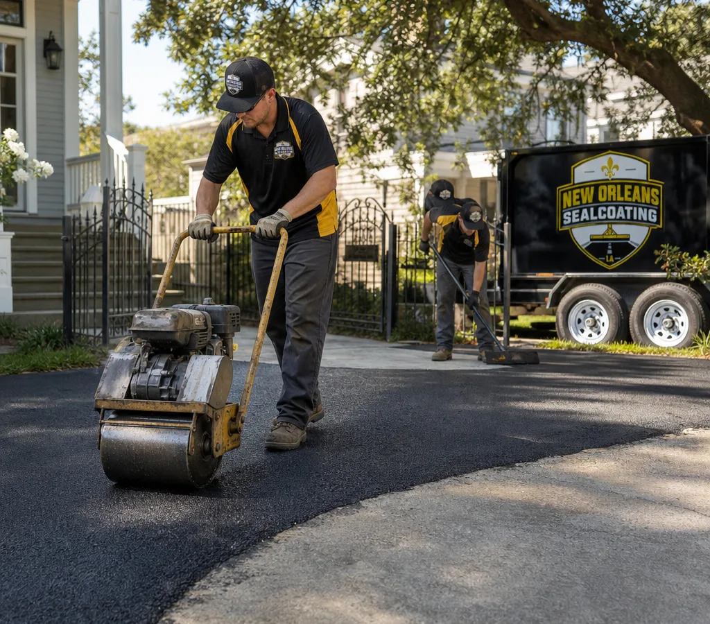 Crew performing asphalt patching on a residential New Orleans driveway while a roller compacts fresh blacktop with clean repair edges