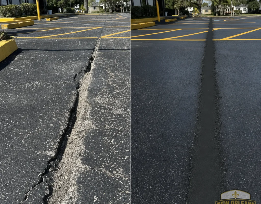 Before and after of a routed and sealed crack in a commercial parking lot lane