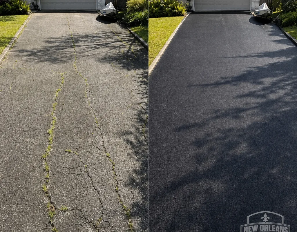 Before and after of a residential asphalt driveway with open cracks cleaned, filled, and neatly sealed