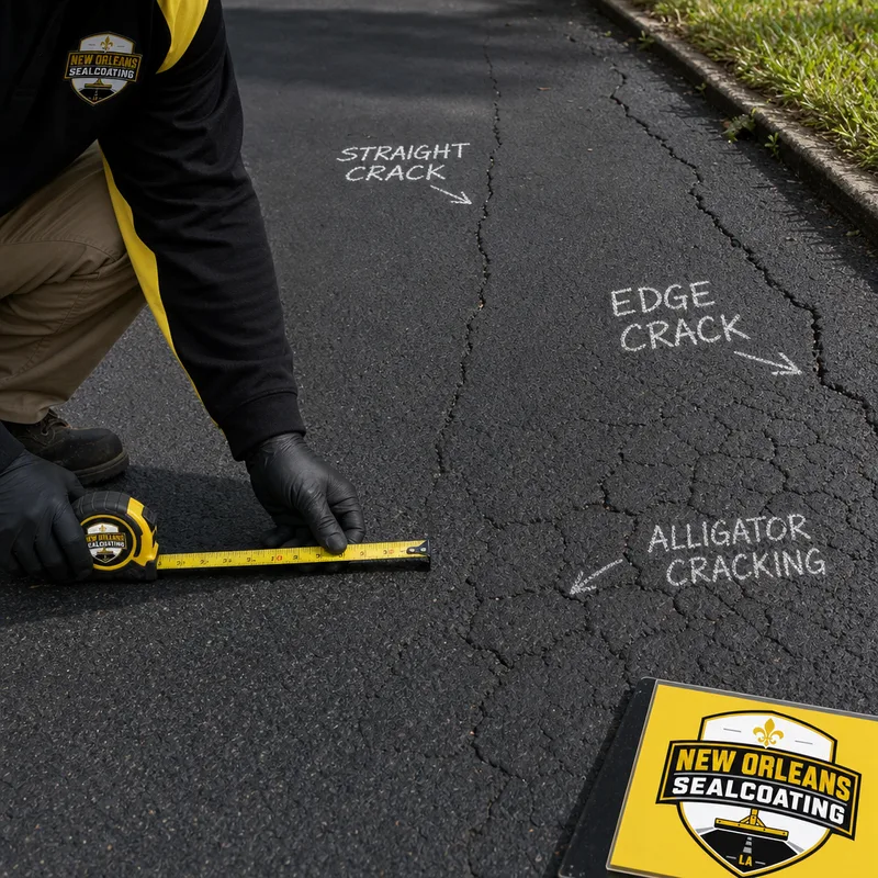 Straight, edge, and alligator cracks marked for assessment on an asphalt driveway