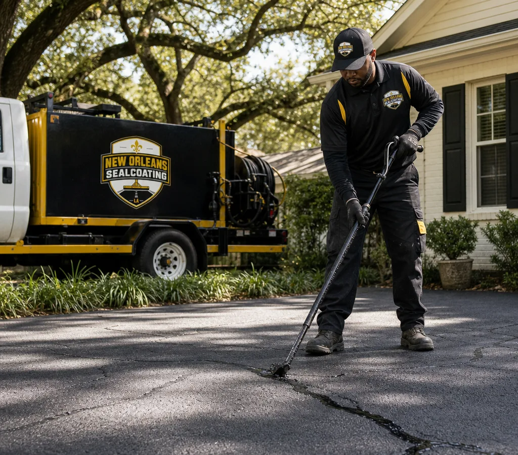 Technician applying hot-pour crack sealant into cleaned cracks on a residential asphalt driveway in New Orleans