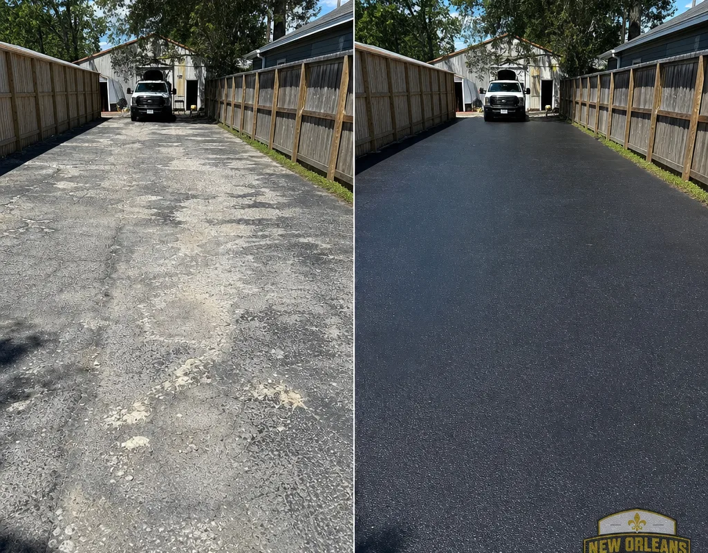 Before and after view of faded asphalt restored to a uniform black finish after sealcoating