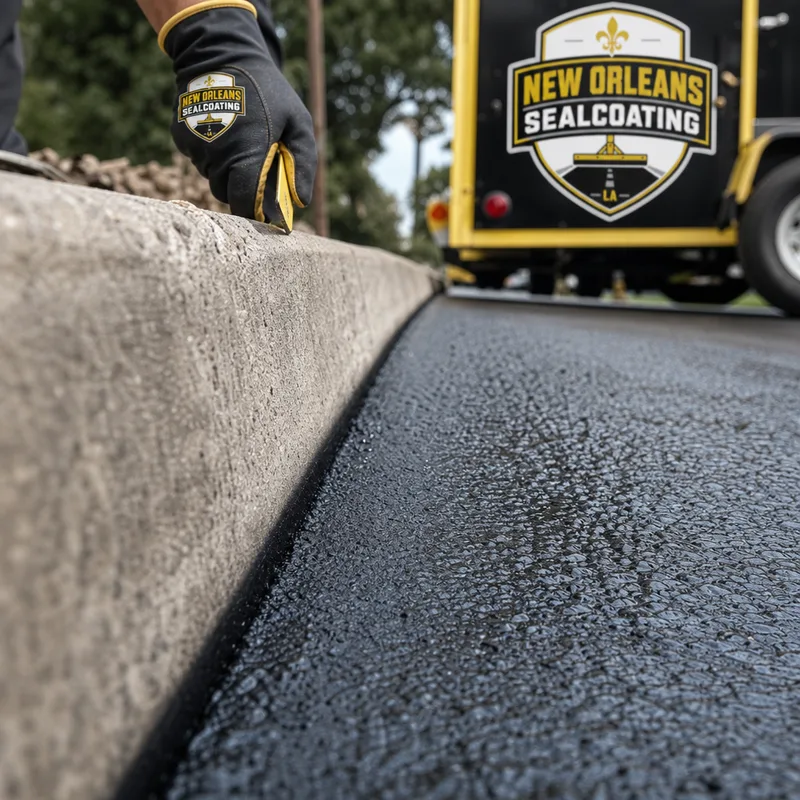 Clean sealcoat edge along a concrete curb without overspray