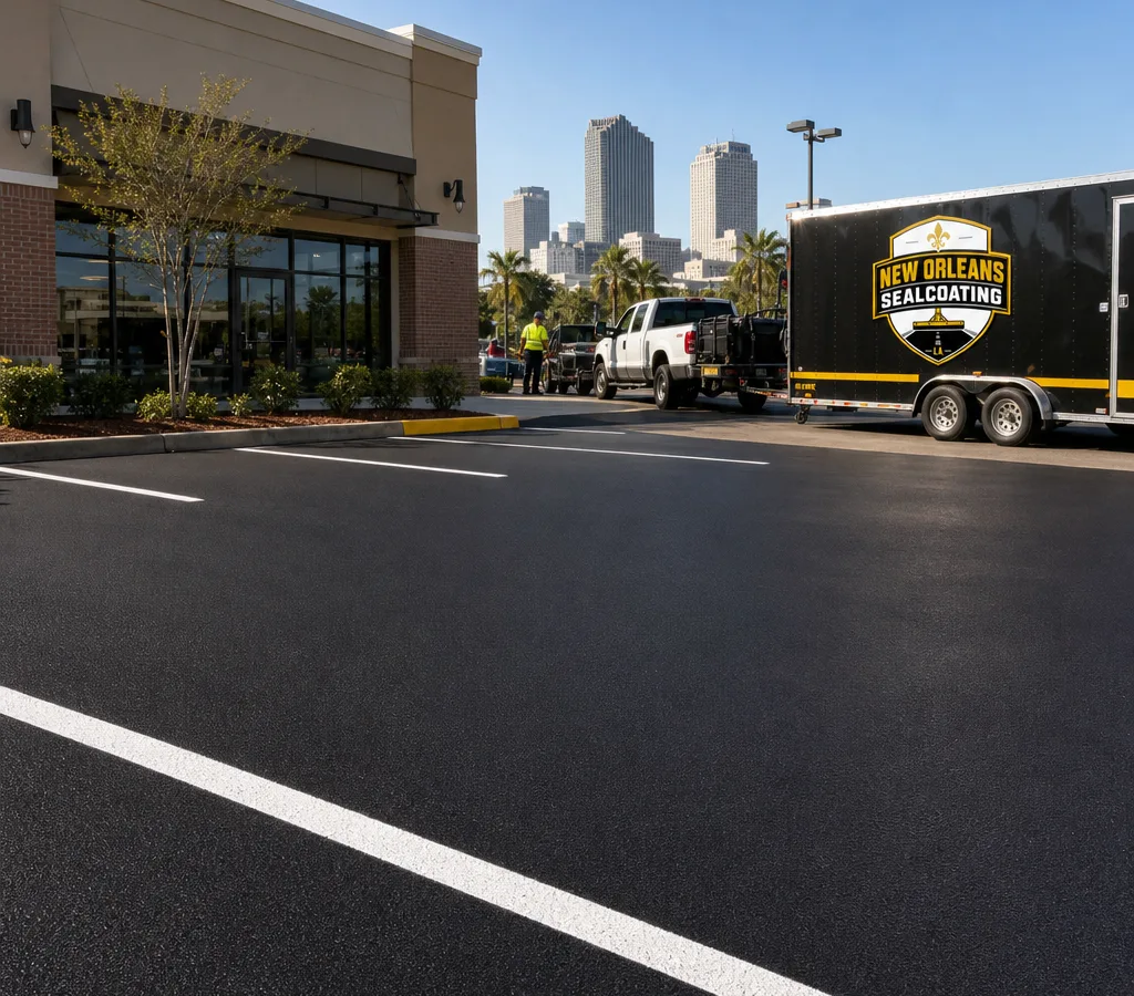 Freshly sealcoated commercial parking lot with crisp striping and clean edges outside a New Orleans property