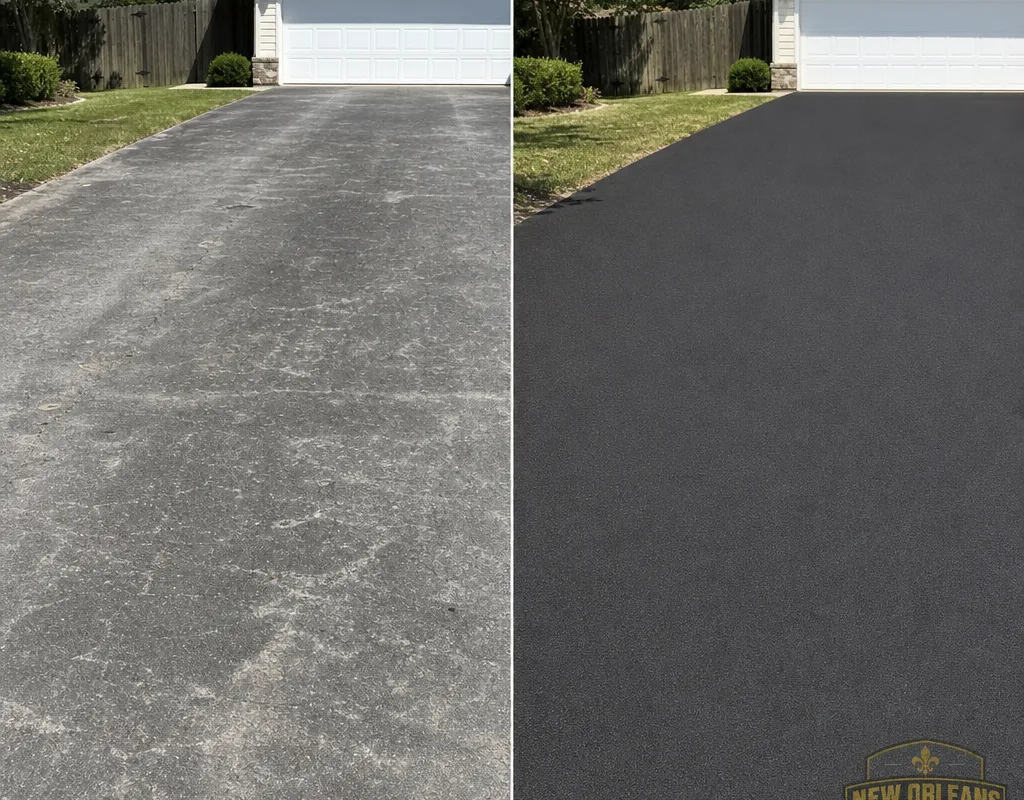 Before and after view of a faded gray asphalt driveway restored to a deep black sealed finish