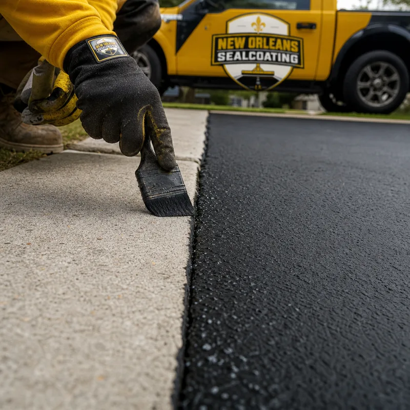 Clean sealcoat edging where asphalt meets a concrete sidewalk and driveway apron