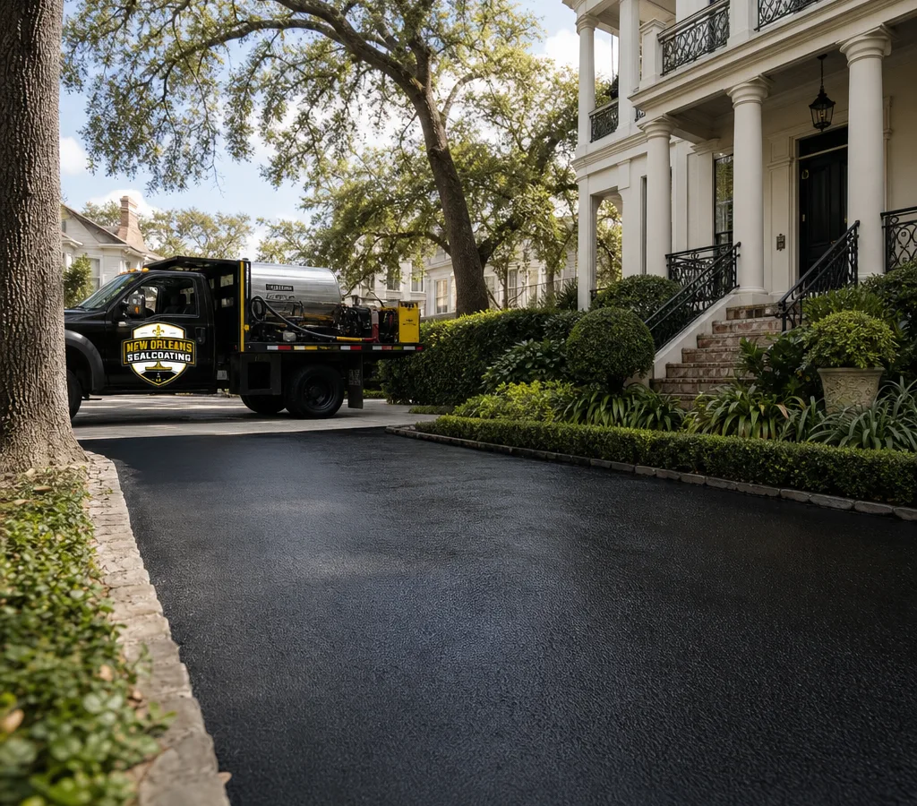 Freshly sealcoated residential asphalt driveway with crisp edging and a deep black finish in a New Orleans neighborhood