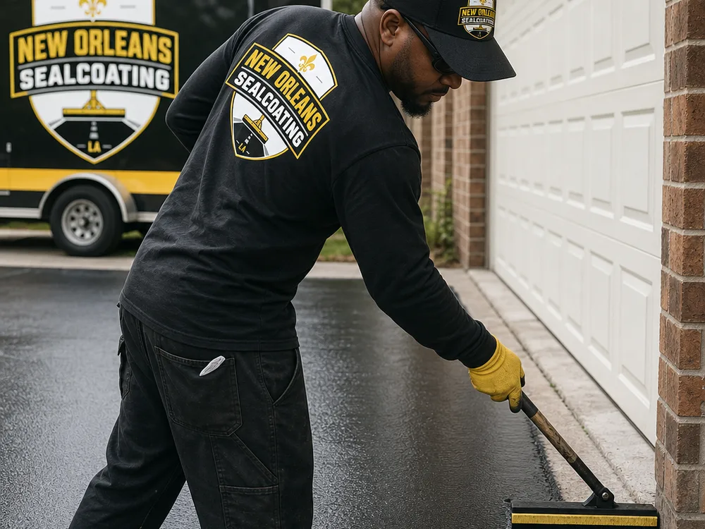 Crew member applying asphalt driveway sealer with a squeegee and brush near a garage entrance