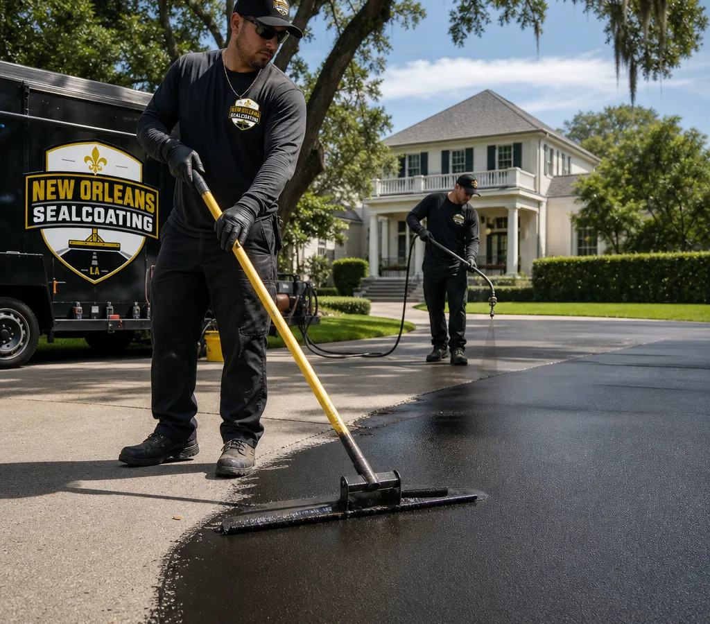 Crew applying a fresh seal coat to an asphalt driveway with clean concrete edges