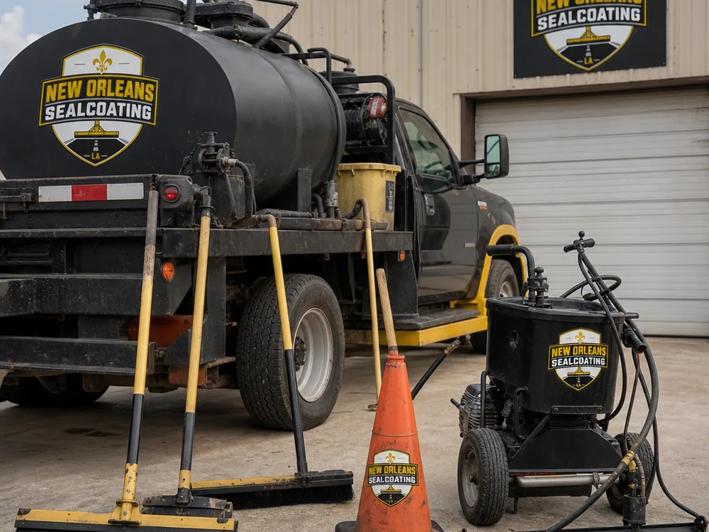 Sealcoating work truck and application equipment staged at the New Orleans shop
